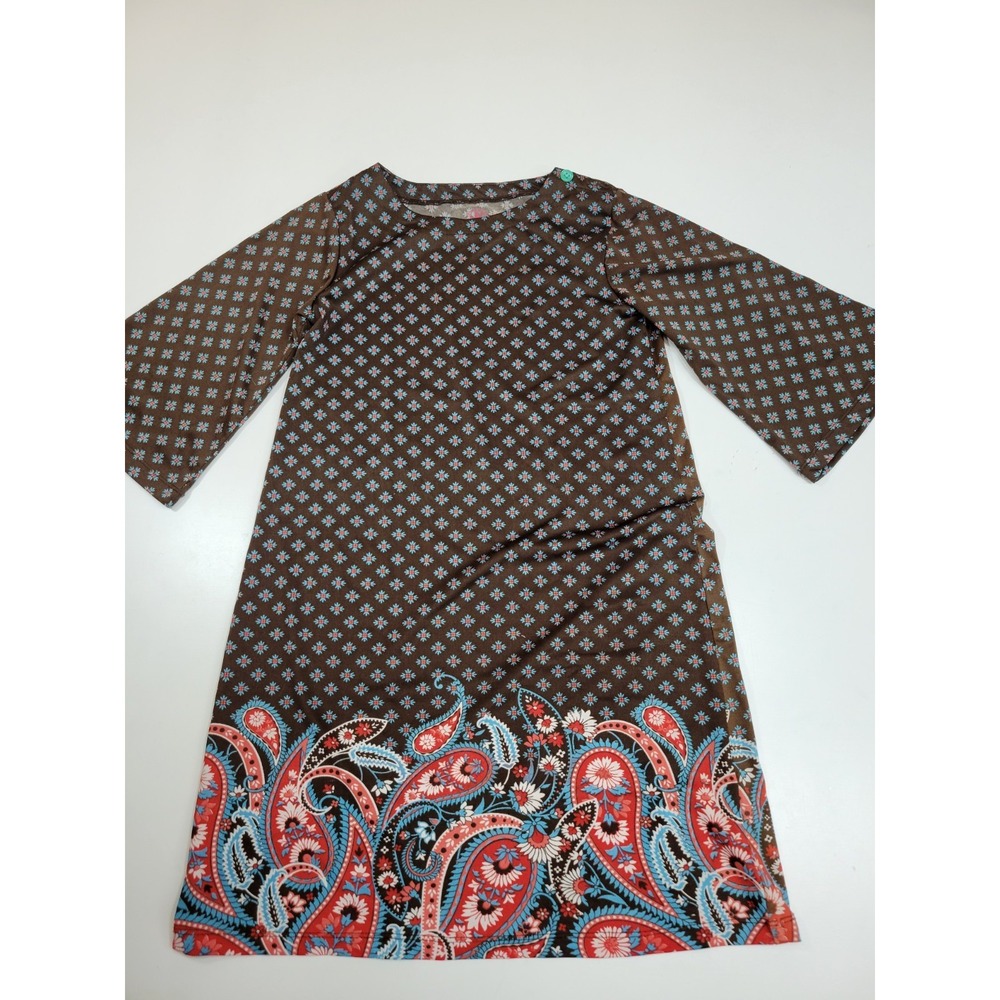 Girls Brown Paisley Border Print Bell Sleeve Tunic Top Boho 3/4 Sleeve Size M